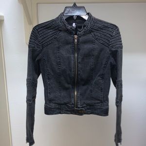 Black Denim Motorcycle-Style Jacket, Size Medium